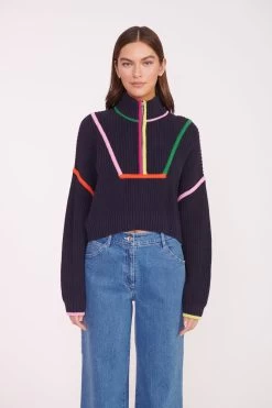 CROPPED HAMPTON SWEATER | NAVY MULTI -Staud Outlet Store CROPPED HAMPTON NAVY MULTI 01560 web