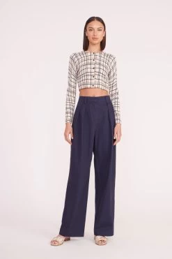 DEANNA SWEATER | CREME DRAWN PLAID -Staud Outlet Store deanna sweater creme dawn plaid luisa pant nav 05349 web